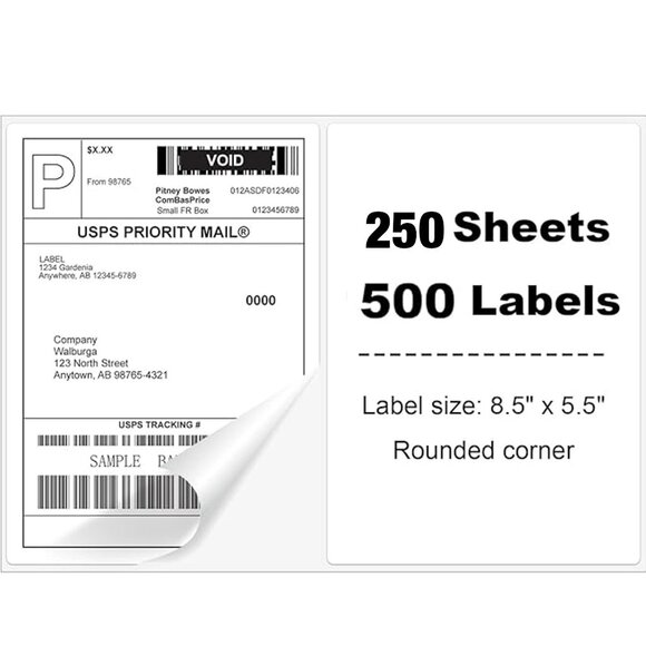 Shipping Labels 8.5" x 5.5" Half Sheet Adhesive 500 labels/pk Laser Ink Jet - Picture 1 of 7